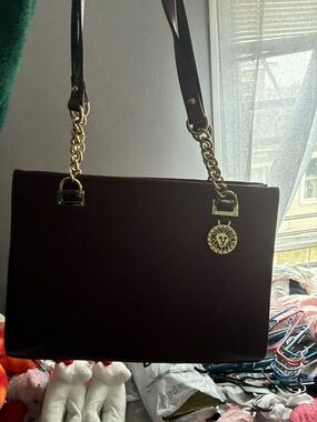 Gold-Chain Accent Dark Brown Shoulder Bag